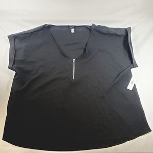 Justify Womens‎ Black Blouse 2X Short Cuffed Sleeve V Neck with Zipper NWT